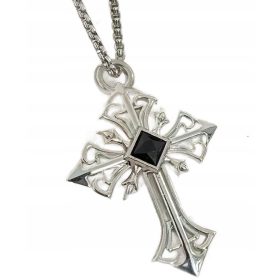    Herren-Halskette „SILVER CROSS“ mit schwarzem Stein und Metallanhänger