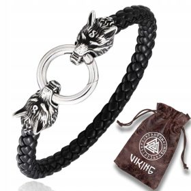  Armband mit Wölfen, Leder + 316L Stahl, NORDIC-Kollektion