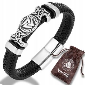  Geflochtenes WIKINGER-ARMBAND Valknut-Leder 316L-Stahl