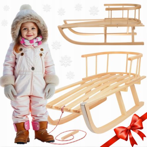  Kinderschlitten aus Holz mit Rückenlehne, Kufen aus massivem Metall, Schnur, Geschenk