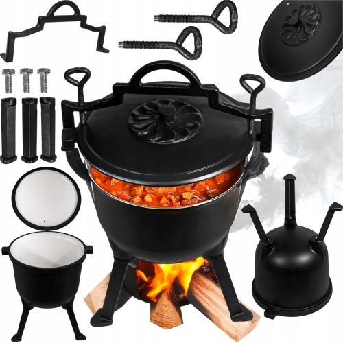  JAGDTOPF MIT GUSSEISENDECKEL, EMAILLIERT, DREIFUSS, LAGERFEUER, 8 L