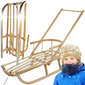    TRADITIONELLER ÖKO-SCHLITTEN AUS HOLZ MIT RÜCKENLEHNE, SEITE, STAHLKUFE, BUCHENSTÜCKER