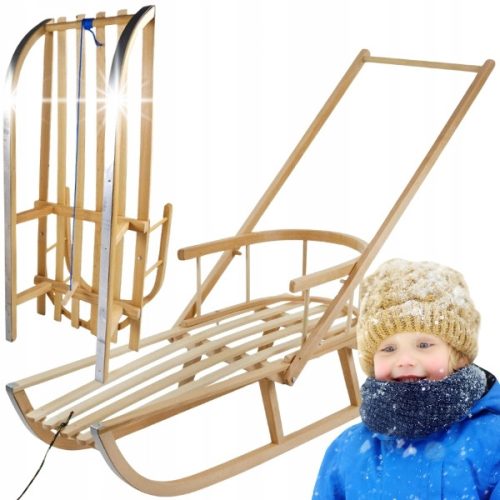  TRADITIONELLER ÖKO-SCHLITTEN AUS HOLZ MIT RÜCKENLEHNE, SEITE, STAHLKUFE, BUCHENSTÜCKER