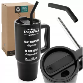    Thermobecher mit Henkel, Thermoskanne, 900 ml, mit Strohhalm für Kaffee, Tee + Gravur