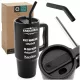  Thermobecher mit Henkel, Thermoskanne, 900 ml, mit Strohhalm für Kaffee, Tee + Gravur