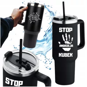    Thermobecher mit Henkel, Thermoskanne, 1200 ml, mit Strohhalm für Kaffee, Tee + Gravur