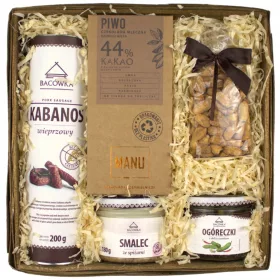    Geschenkkorb für ihn – Kabanos-Würstchen, Schmalz, Gurken, Erdnüsse, Manu-BIER
