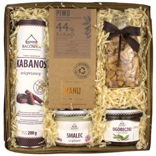  Geschenkkorb für ihn – Kabanos-Würstchen, Schmalz, Gurken, Erdnüsse, Manu-BIER