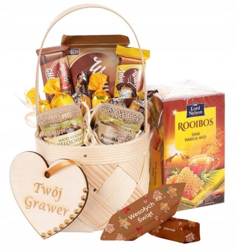  GRAVIERTER Geschenkkorb, ein Geschenk zum Nikolaustag, Schokolade, Honig und Tee