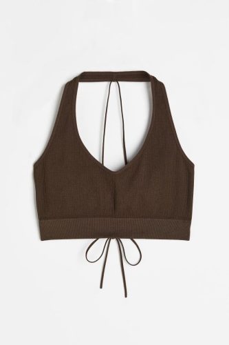  H & M Sport-BH-Oberteil mit Schnürung, brauner Neckholder, gerippt, Y2K