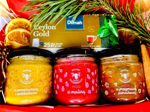  Ein Geschenk zu Weihnachten und zum Nikolaustag mit 3 Honigen und Tee, schön verpackt