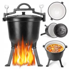    Jagdkätzchen, Gusseisen, emaillierter Topf, steht auf dem Lagerfeuer, 10 l, Kamille