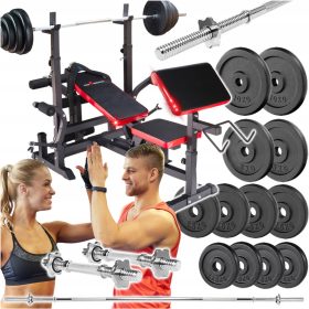    Bodybuilder-Set, 98 kg, Gusseisenbank, starke Langhantel, Hanteln, Gewichte