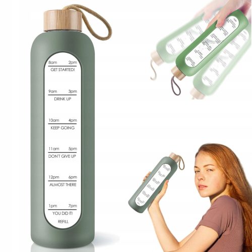  MOTIVIERENDE GLAS-WASSER-TRINKFLASCHE, WASSERFLASCHE MIT MESSGERÄT, 1L 1000ML