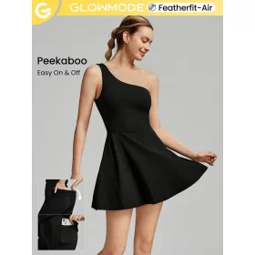    GLOWMODE FeatherFit Schwarzes Minikleid, One-Shoulder-Shorts L
