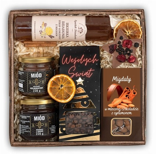  Weihnachtsgeschenkkorb mit Honig, Kaffee, Gewürzsirup und Süßigkeiten
