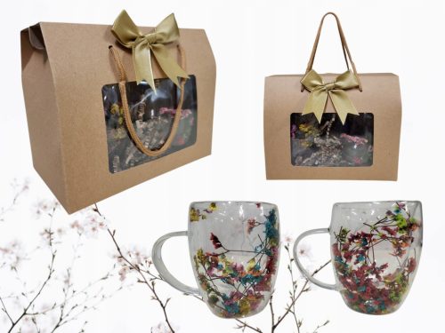 Geschenkset mit 2 doppelwandigen Glasbechern und getrockneten Blumen