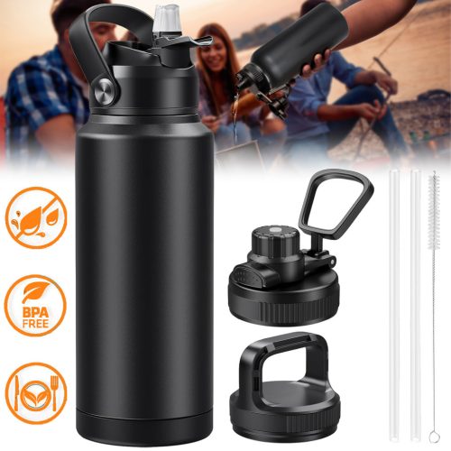  Sportflasche mit Strohhalm und Deckel mit Sprossen, 950 ml, doppelwandig