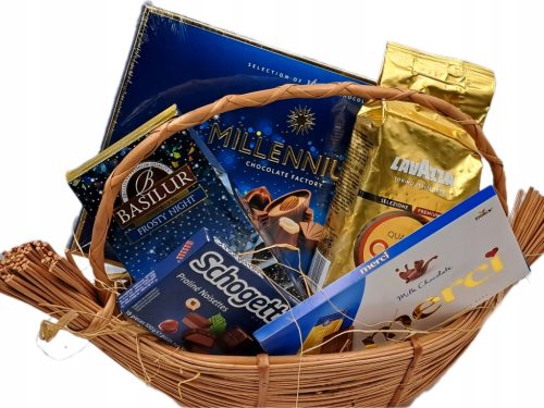  Geschenkkorb mit Kaffee, Tee und Süßigkeiten, verpackt in einem Weidenkorb