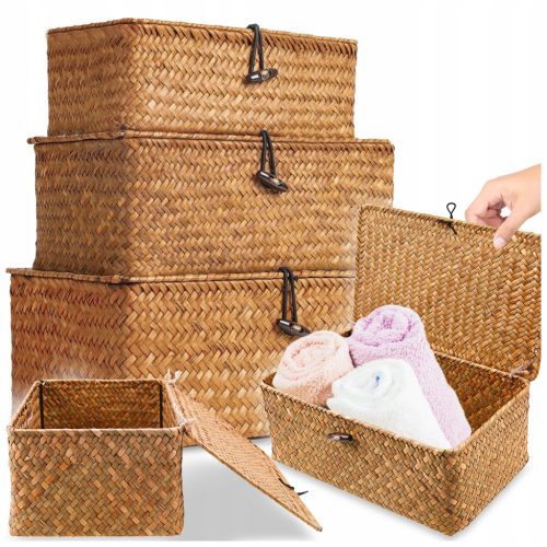 Dreiteiliges Set aus Geflochtenen Aufbewahrungsboxen mit Deckel aus Seegras in Naturorange