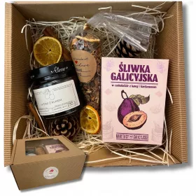    Set GESCHENKKORB Geschenktee Pflaumen in Schokoladenkirschen mit Rum