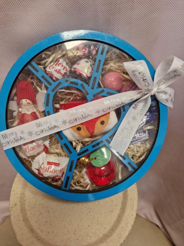  BLAUE Geschenkbox, klein, SÜSSIGKEITEN, FIGUREN, BADESTIEFEL