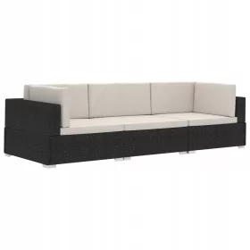 Rattan-Lounge-Set in Schwarz-Creme, 210x70x54 cm