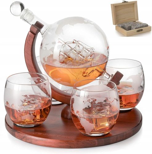 Whisky-Set: Globus-Karaffe mit 4 Gläsern und Kühlsteine