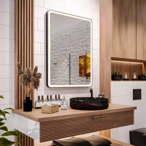  (3010) Osaka LED Spiegel 60x80 cm, Schwarzer Rahmen, Neutral LED + Touch Schalter