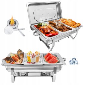   9L Chafing Dish Speisenwärmer, Edelstahl mit klappbaren Beinen für Catering und Buffets (silberfarben, Dreifachtablett)