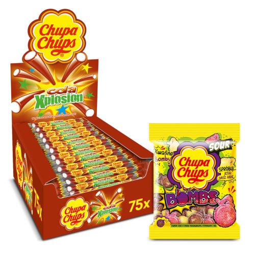 Chupa Chups X-plosion Cola-Geschmack 75x10g + Sour Bombs 90g GRATIS