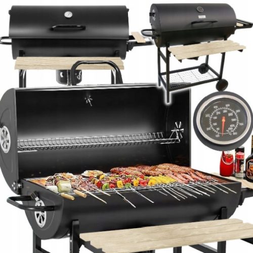  Garten-Holzkohlegrill, 2 Chromgitter, 2 Regale, Aschenbecher, Thermometer, Stahl