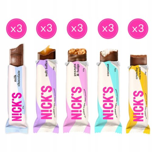 NICKS Schokoladenriegel Mix - Glutenfrei und ohne Zuckerzusatz, 15 Stück