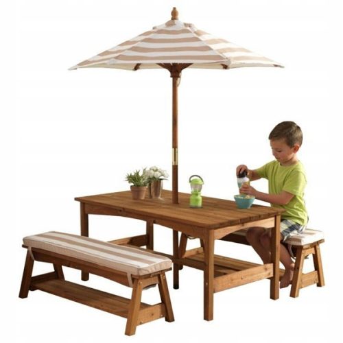  Gartenset aus Holz, Tisch, Bänke, Sonnenschirm für Kinder, Möbelset