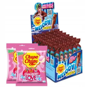   Chupa Chups Melody Pops Cola und Strawberry Love Lutscher – Pack mit Gratisartikeln