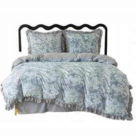   Reversible Flower Print Bedding Set with Ruffle 200x220 in Grey