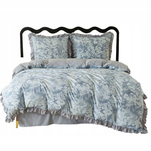 Reversible Flower Print Bedding Set with Ruffle 200x220 in Grey
