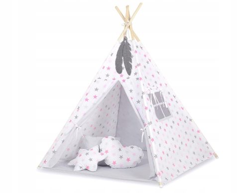  Tipi Zelt für Kinder + Federanhänger - Sterne Grau-Rosa/Grau
