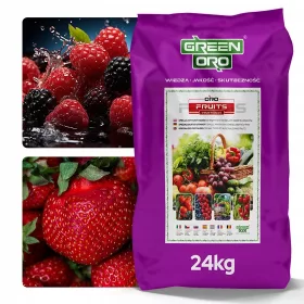    Dünger für Himbeeren, Brombeeren, Obststräucher, Gemüse ORO FRUITS 100 Tage 24kg GRÜN