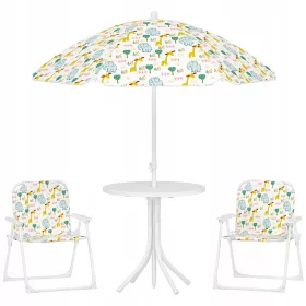  Kinder-Gartenmöbel-Set, Tisch, 2 Stühle, Sonnenschirm