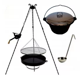    Grillrost Edelstahl 45 Rolle Gusseisenkessel 8 l Deckel Schöpfkelle