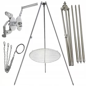    Gartengrill Dreibein 200cm Edelstahl + Rost 60cm + Haspel + INOX Seil