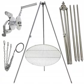    Gartengrill Dreibein 200cm Edelstahl + Rost 80cm + Haspel + INOX Seil