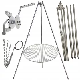    Gartengrill Dreibein 200cm Edelstahl + Rost 90cm + Haspel + INOX Seil