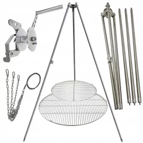    Gartengrill Dreibein 200cm Edelstahl 2 Roste 50 + 90cm Haspelseil