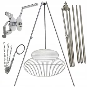    Gartengrill Dreibein 200cm Edelstahl 2 Roste 50 und 70cm Haspel Seil