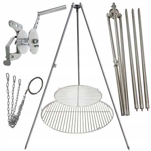  Gartengrill Dreibein 200cm Edelstahl 2 Roste 50 und 70cm Haspel Seil
