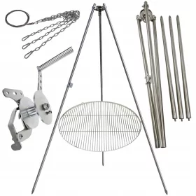    Gartengrill Dreibein 225cm Edelstahl + Rost 80cm + Haspel + INOX Seil