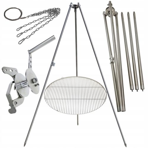  Gartengrill Dreibein 225cm Edelstahl + Rost 80cm + Haspel + INOX Seil