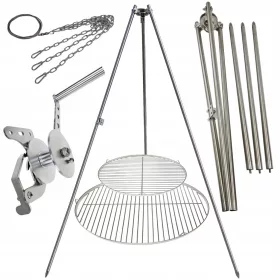    Gartengrill Dreibein 225cm Edelstahl 2 Roste 50 und 70cm Haspel Seil